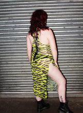 Load image into Gallery viewer, ‘GHOULS’ neon green zebra mesh split midi dress
