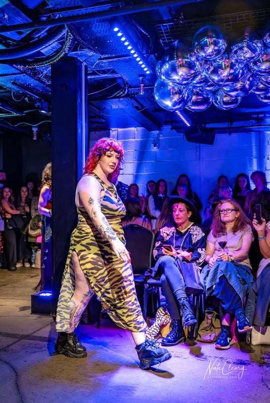 ‘GHOULS’ neon green zebra mesh split midi dress