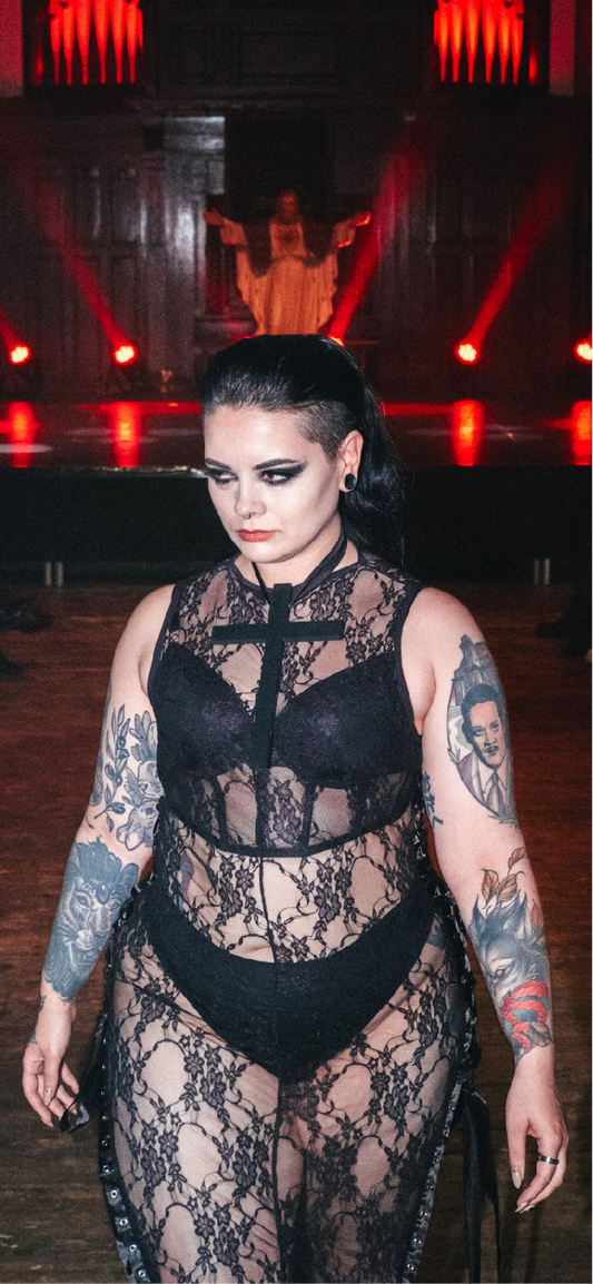 ‘UNHOLY’ black stretch lace black maxi dress with lace up sides