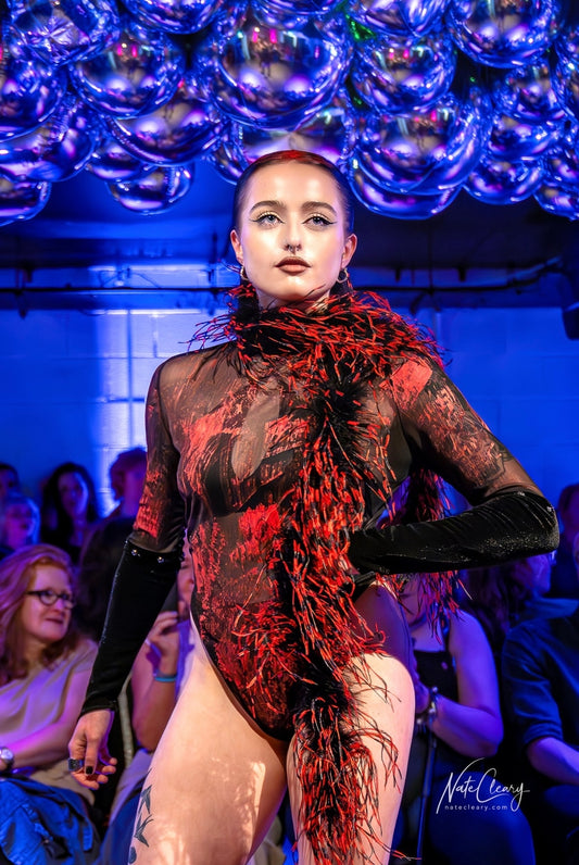 ‘HOLLYWOOD BABYLON’ hand painted high cut bodysuit with insert gloves