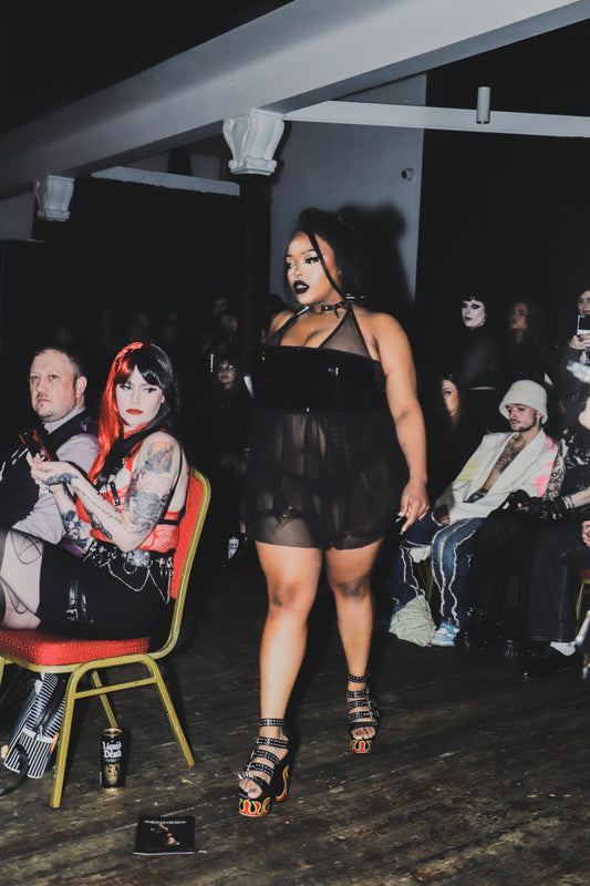 ‘SEDUCTRESS’ black pvc and fishnet babydoll mini dress