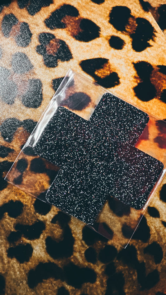 BLACK GLITTER CROSS SHAPED NIPPLE COVERS