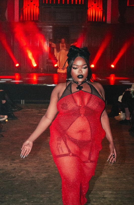 ‘FURY’ red glitter fishnet halter style maxi dress