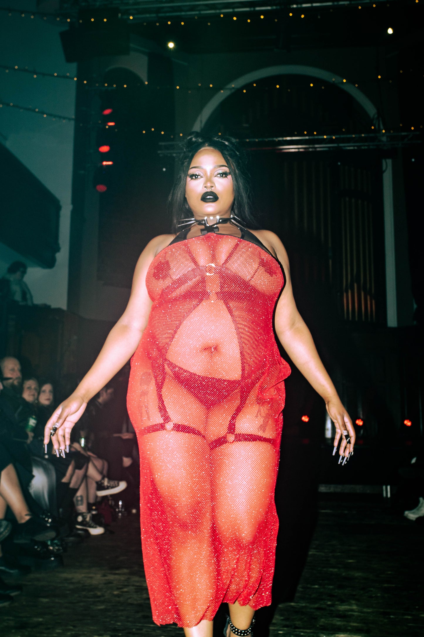 ‘FURY’ red glitter fishnet halter style maxi dress