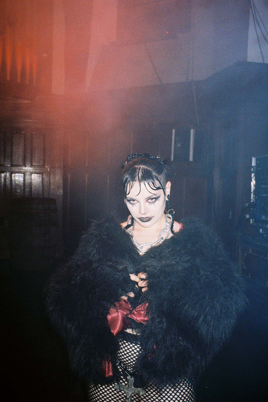 THE ‘ABYSS” BLACK FAUX FUR CROP COAT WITH BAT SLEEVES