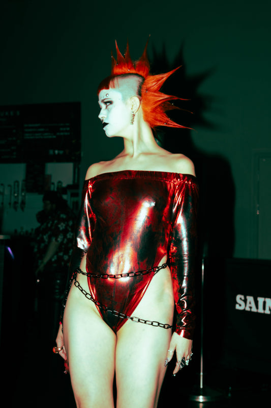 INFERNO” PAINTED RED WET LOOK HIGH CUT LEOTARD