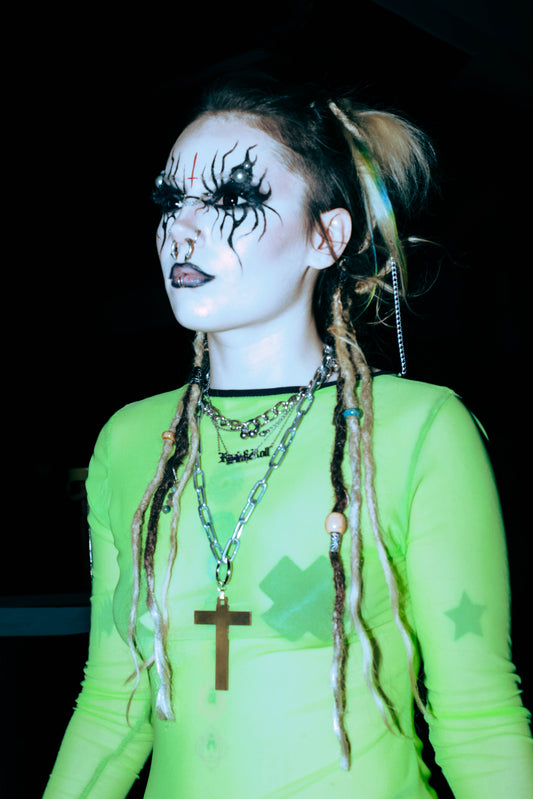 ‘FIEND’ NEON GREEN MESH MAXI DRESS WITH SPLIT SIDES