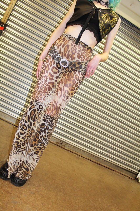 'Psychedelic Jungle' mesh leopard print maxi skirt with diamanté buckle