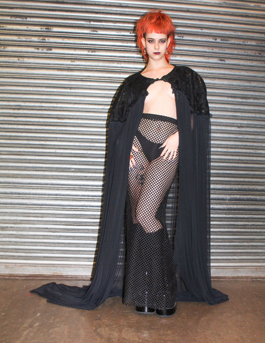 ‘DARKNESS’ MESH CAPE WITH LACE & PVC DETAIL