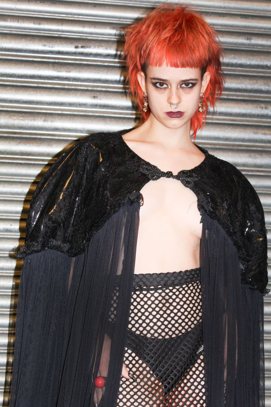 ‘DARKNESS’ MESH CAPE WITH LACE & PVC DETAIL
