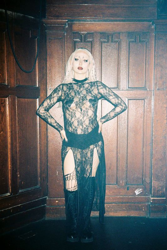 ‘DAMNATION” BLACK STRETCH LACE MAXI DRESS WITH MATCHING SIDE SPLITS