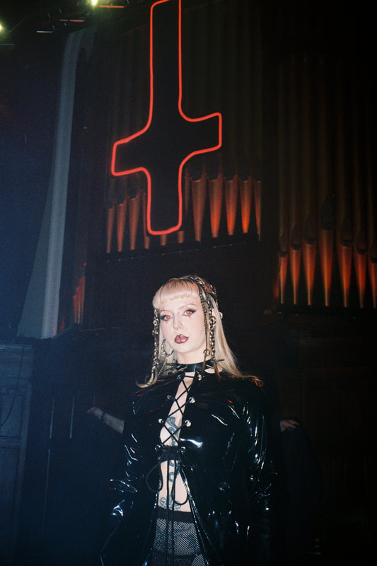 ‘LUCIFER” BLACK PVC MAXI OVERCOAT