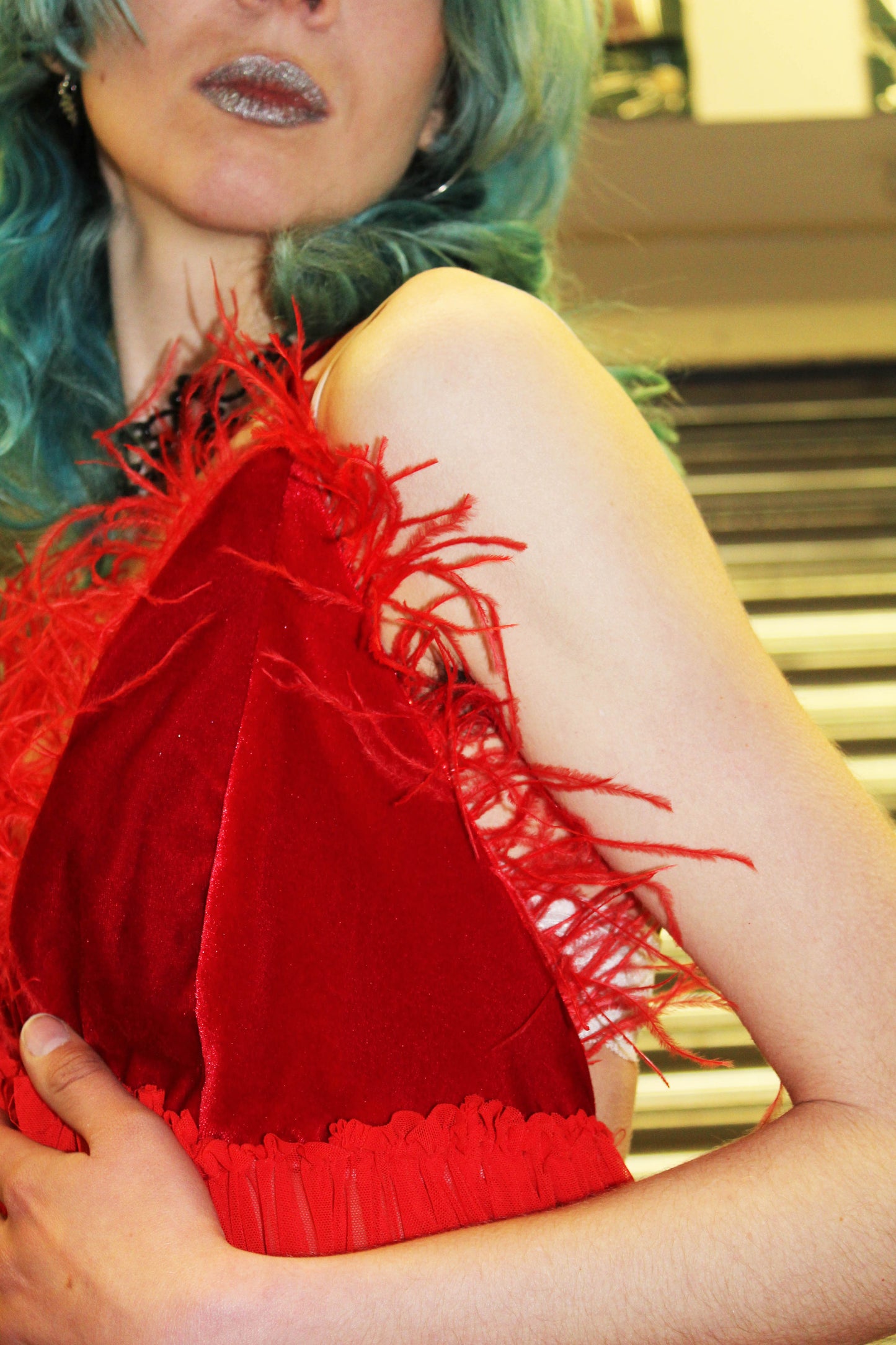 ‘MOTHER’ red mesh maxi dress with feather trim