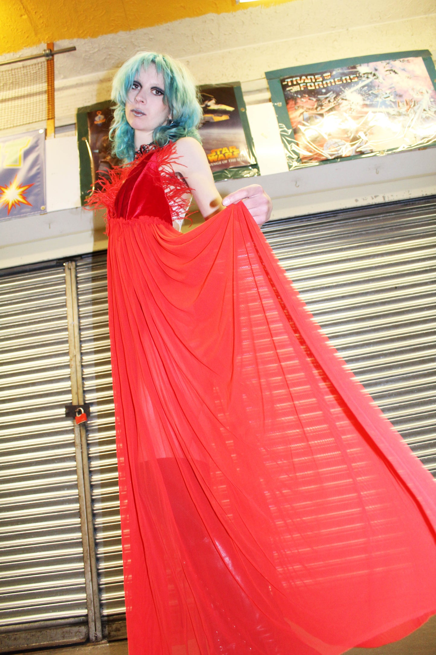 ‘MOTHER’ red mesh maxi dress with feather trim