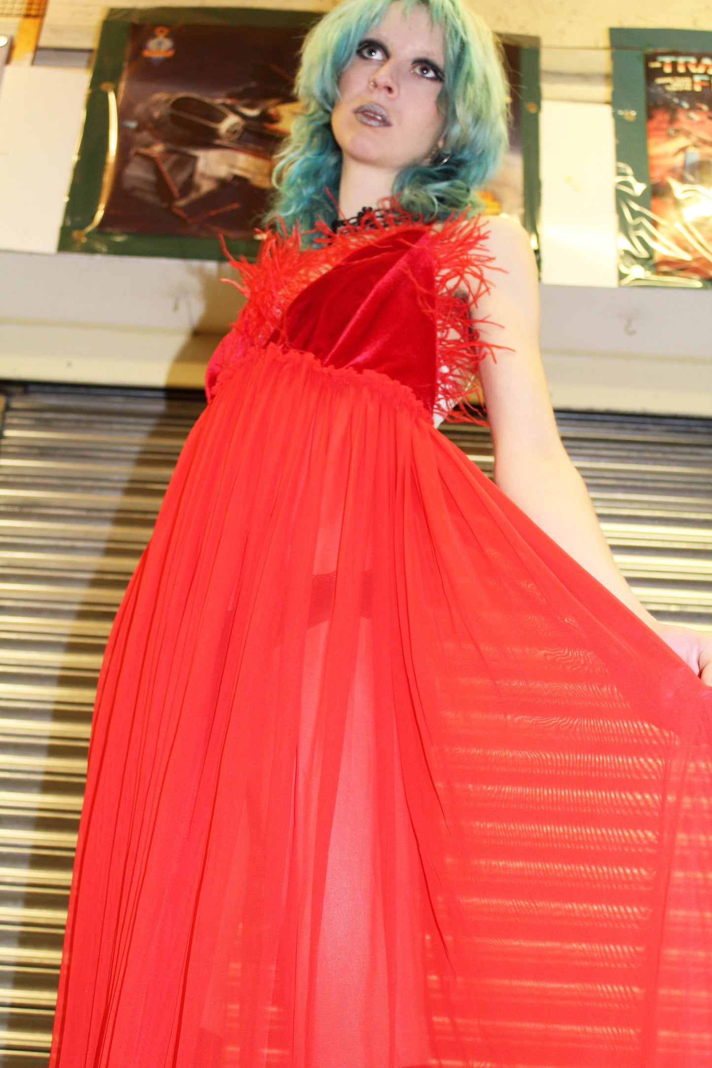 ‘MOTHER’ red mesh maxi dress with feather trim