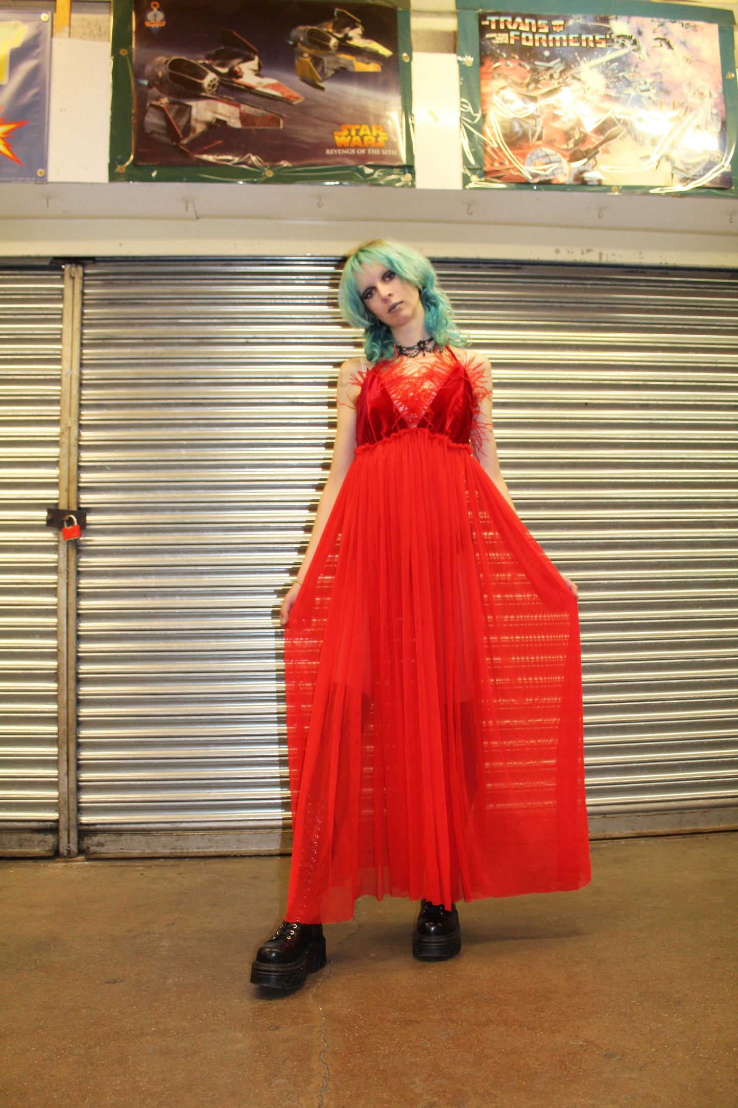‘MOTHER’ red mesh maxi dress with feather trim