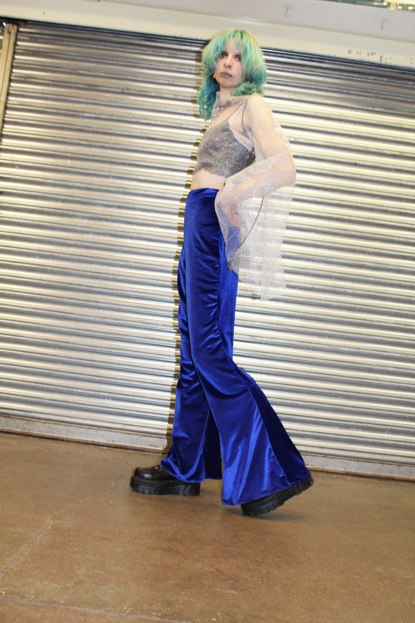 Electric blue velvet high waisted flares