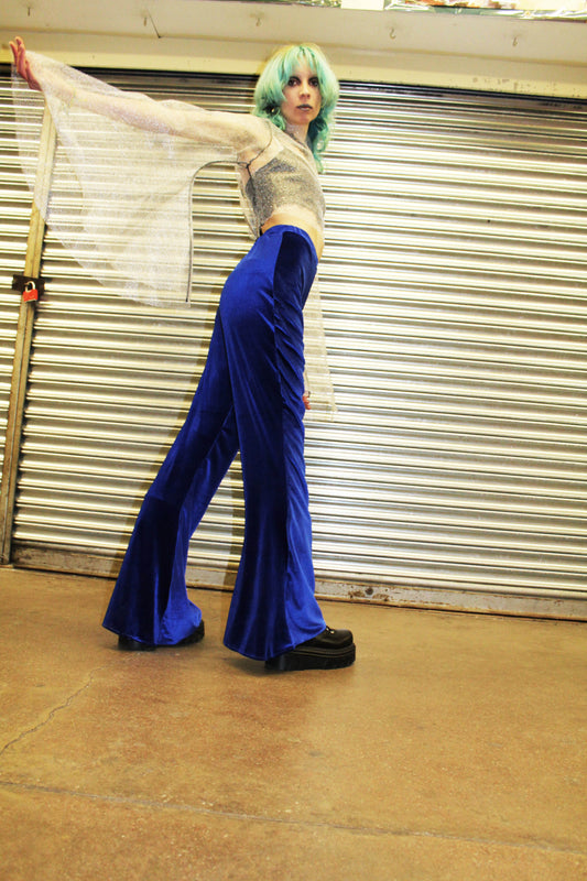 Electric blue velvet high waisted flares