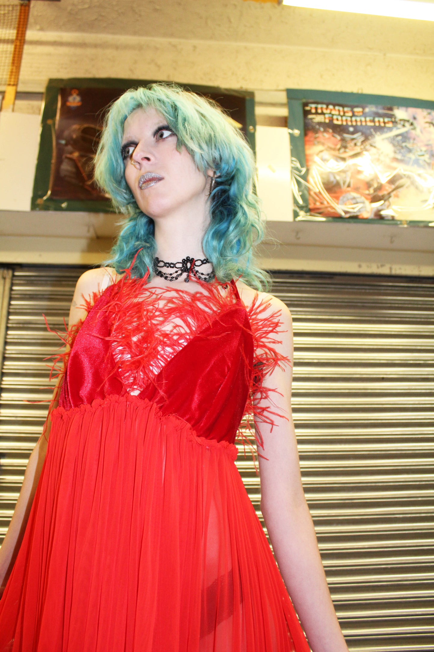 ‘MOTHER’ red mesh maxi dress with feather trim