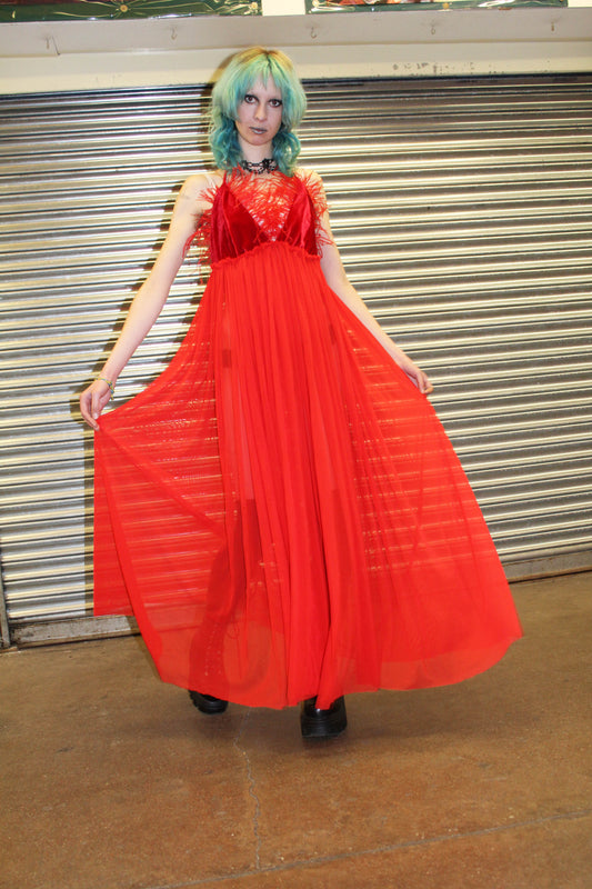 ‘MOTHER’ red mesh maxi dress with feather trim