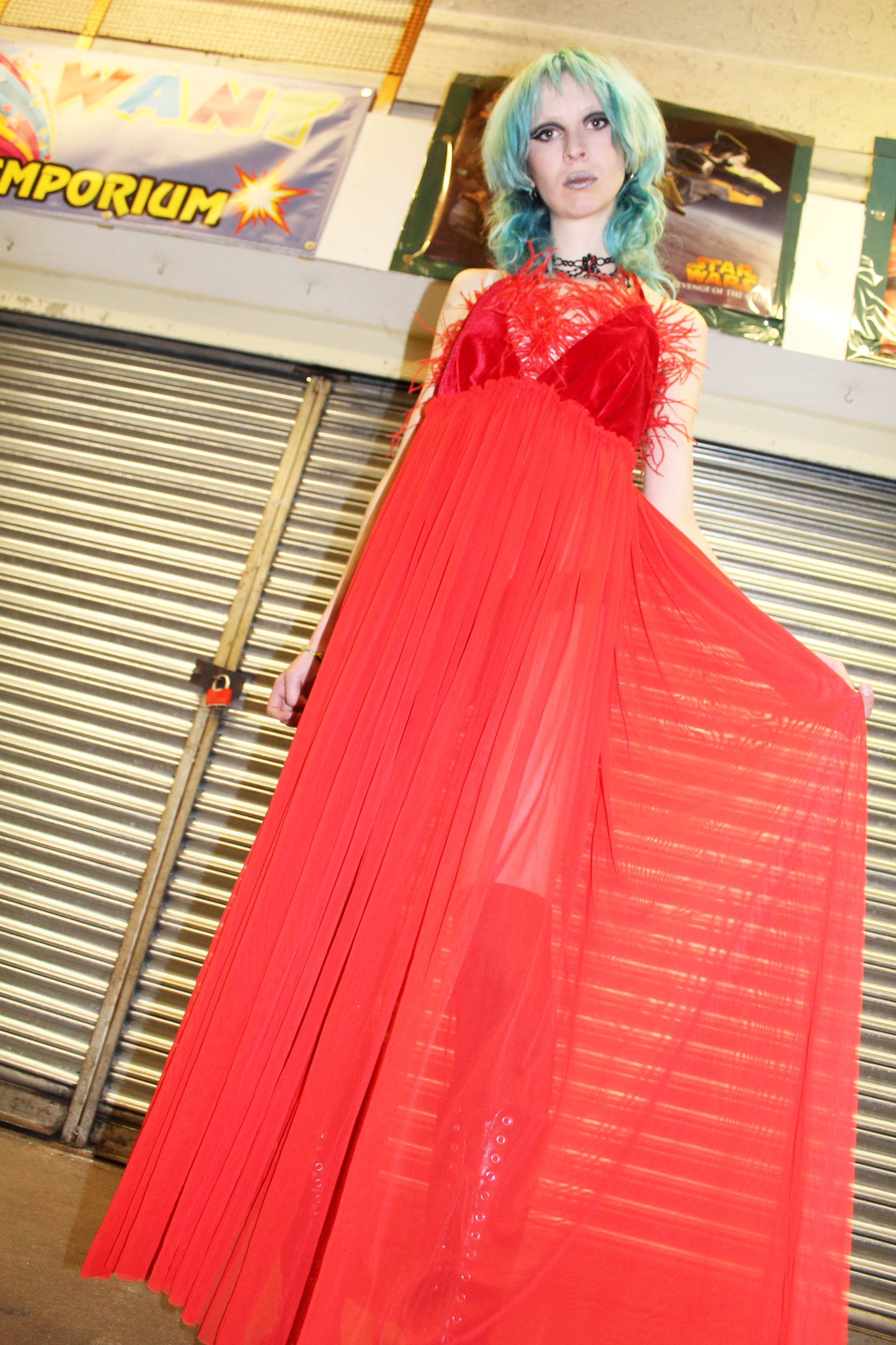 ‘MOTHER’ red mesh maxi dress with feather trim