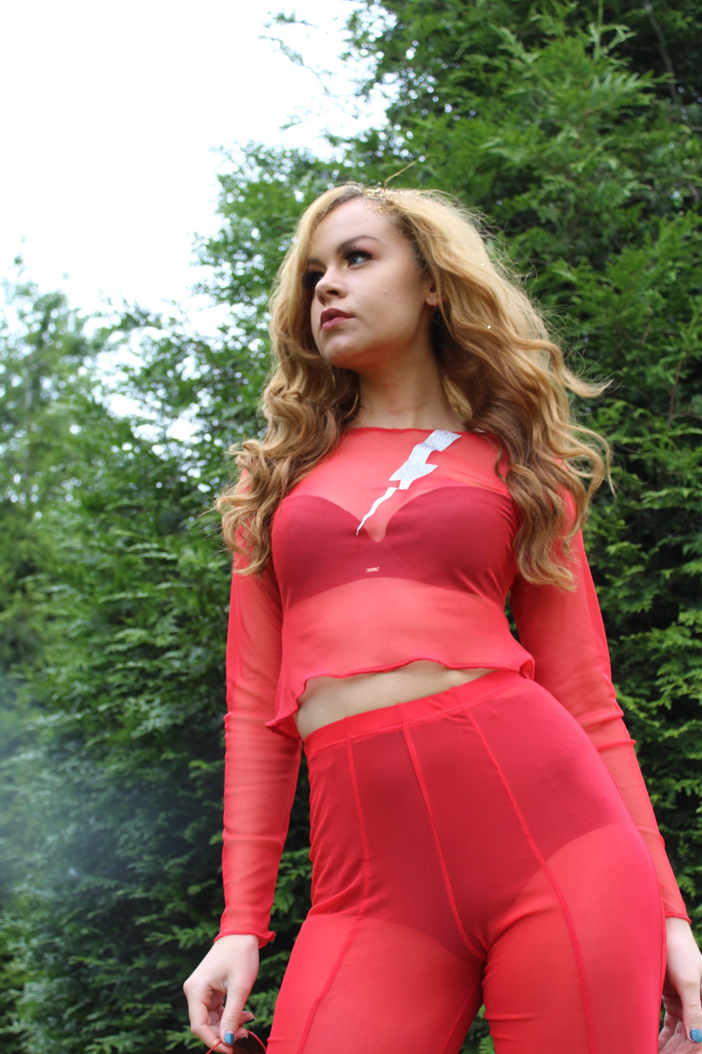 Red and glitter bolt long sleeve mesh top
