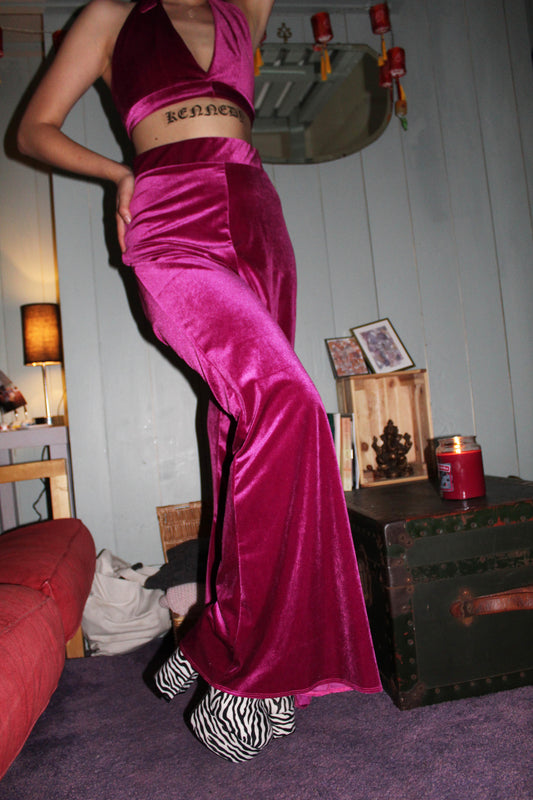 Pretty Pink Rose Velvet Flares