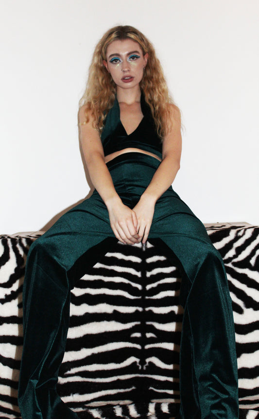 'Ivy' green elasticated velvet flares