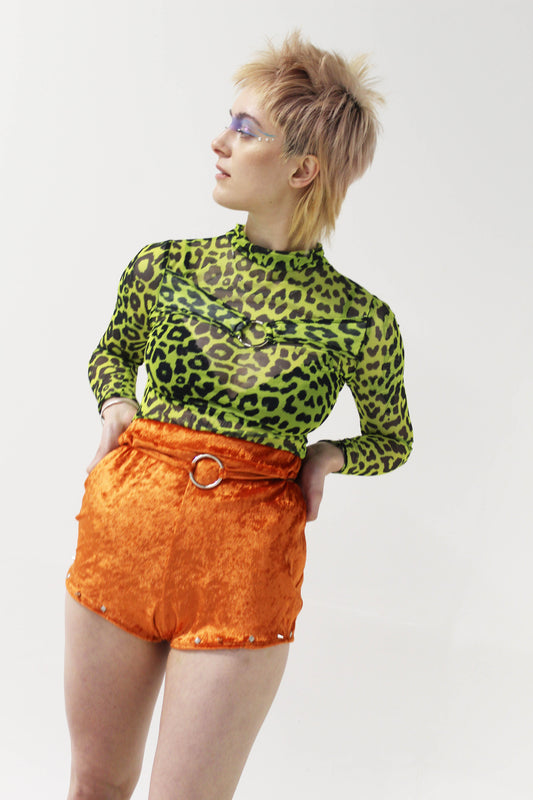 'MOJO RISING' ORANGE VELVET HOTPANTS