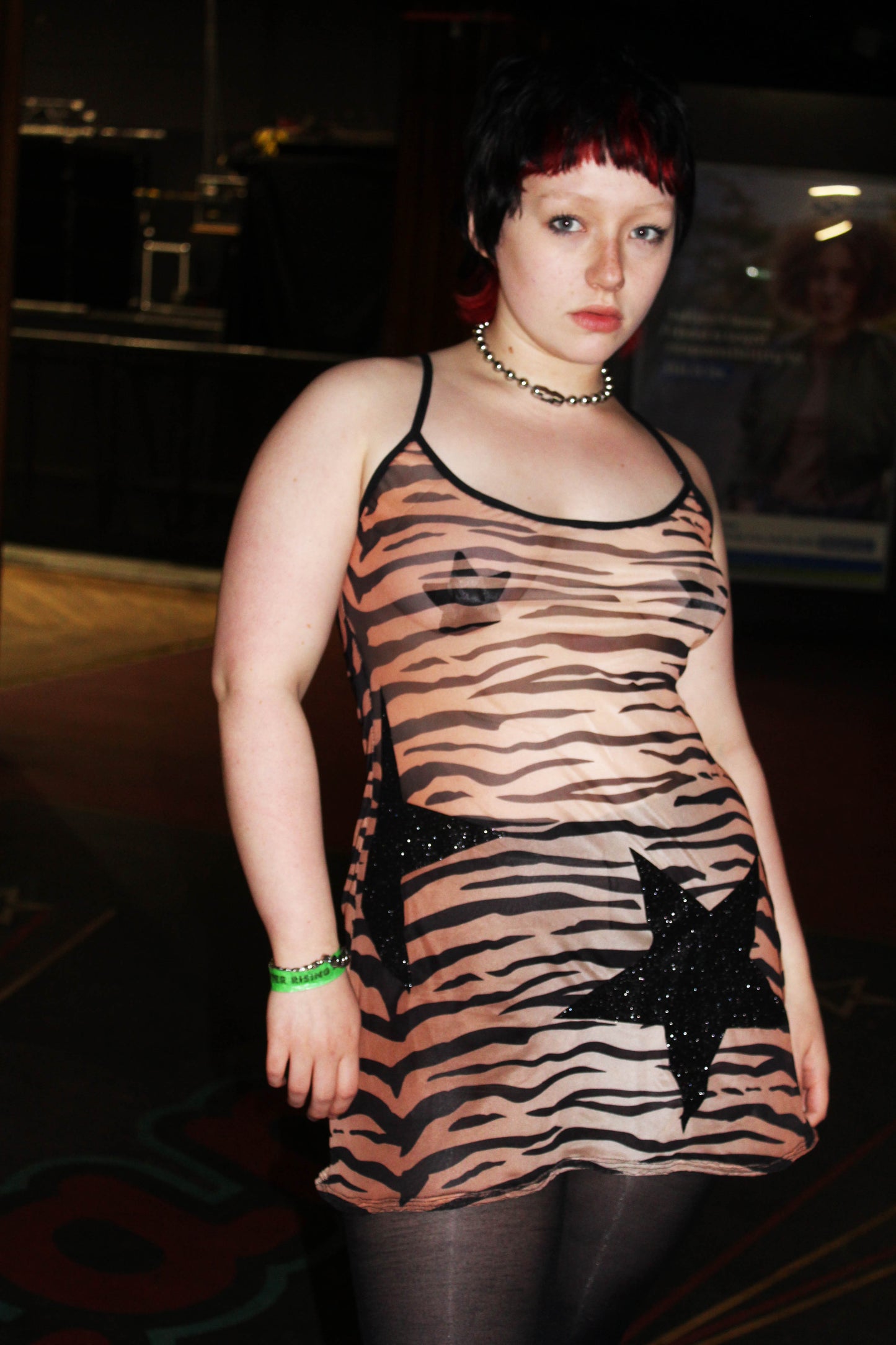 'ALL NITE' TIGER PRINT MESH MINI DRESS