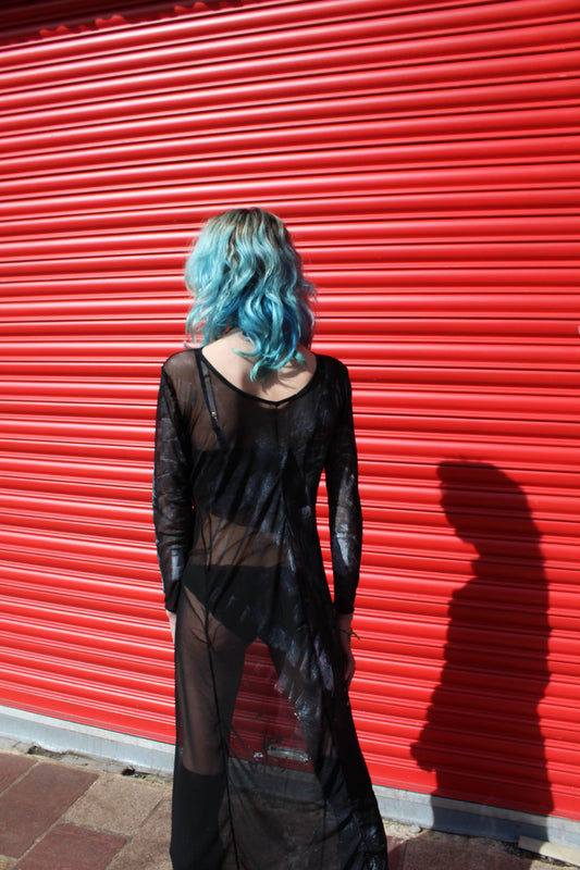 'POISON' hand painted long sleeve black mesh maxi dress