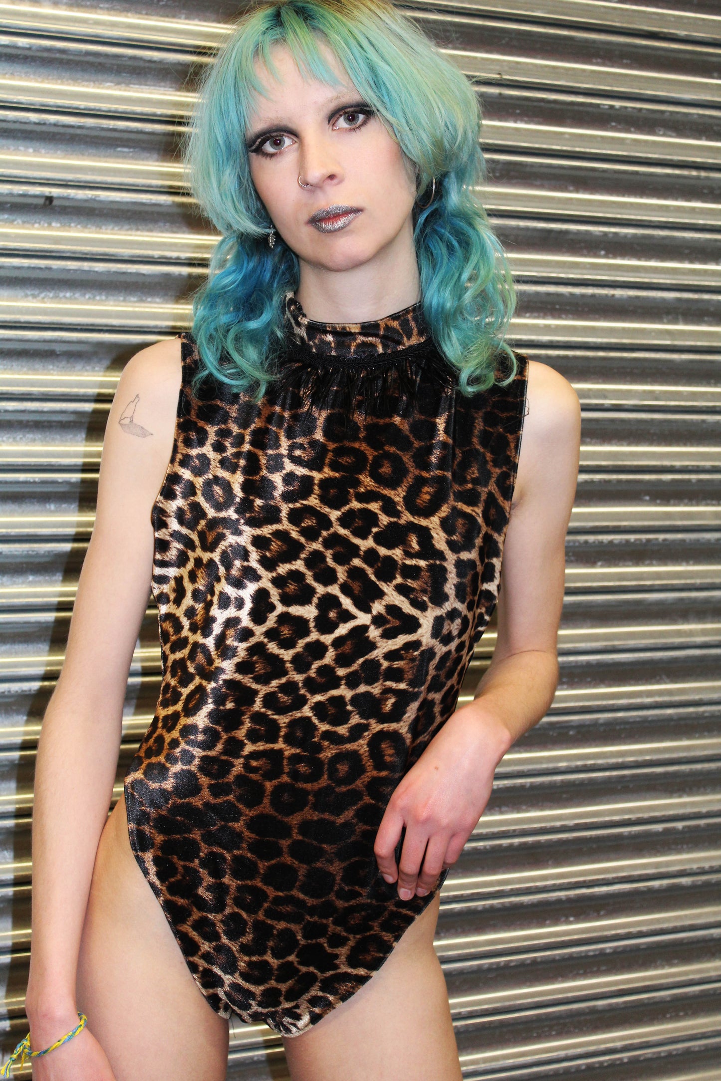 ‘AMPED’ velvet leopard print high cut bodysuit