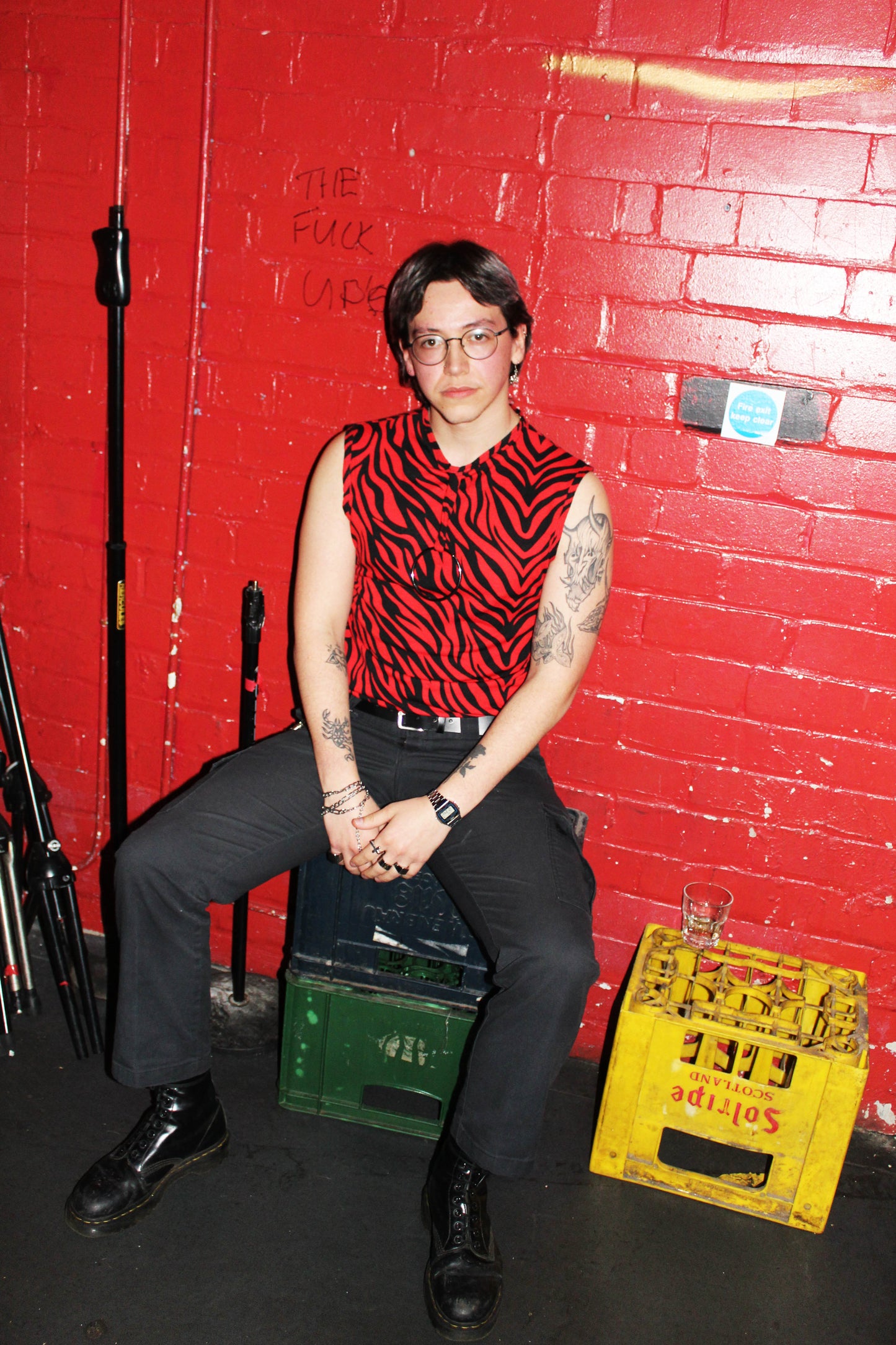 Men’s red zebra tank top with o ring detail