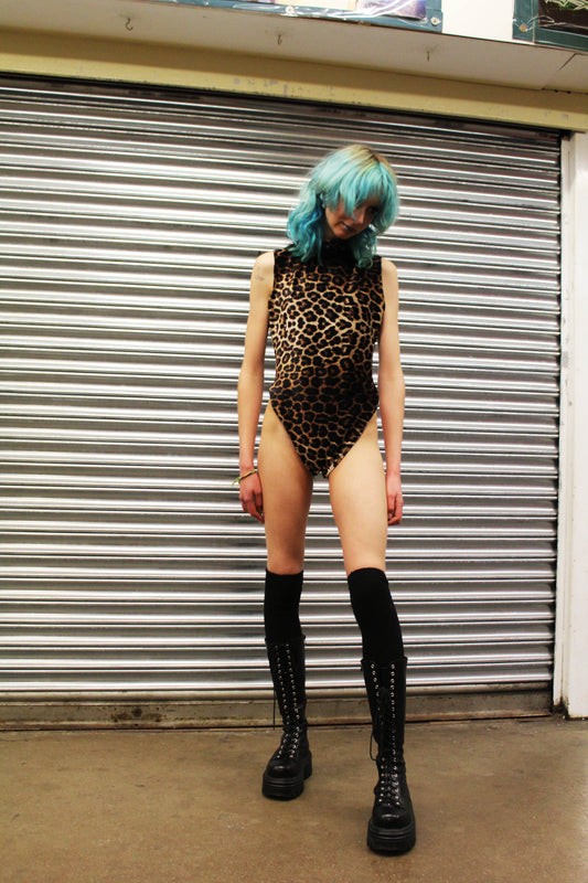 ‘AMPED’ velvet leopard print high cut bodysuit