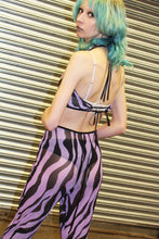 Load image into Gallery viewer, ‘STAY SICK’ purple zebra print mesh flare jumpsuit
