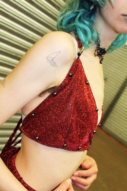 ‘INFERNO’ red glitter studded bralet