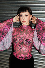 Load image into Gallery viewer, CHEEK PINK MESH LEOPARD PRINT CROP TOP WITH FLARED SLEEVES
