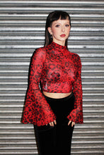 Load image into Gallery viewer, DEVIL RED MESH LEOPARD PRINT CROP TOP WITH FLARE SLEEVES
