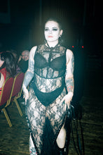 Load image into Gallery viewer, ‘UNHOLY’ black stretch lace black maxi dress with lace up sides
