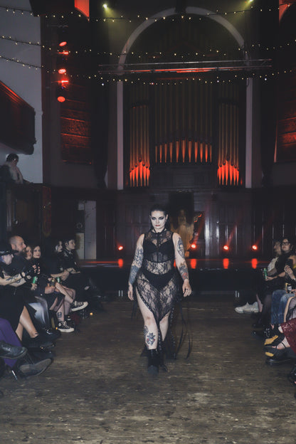 ‘UNHOLY’ black stretch lace black maxi dress with lace up sides
