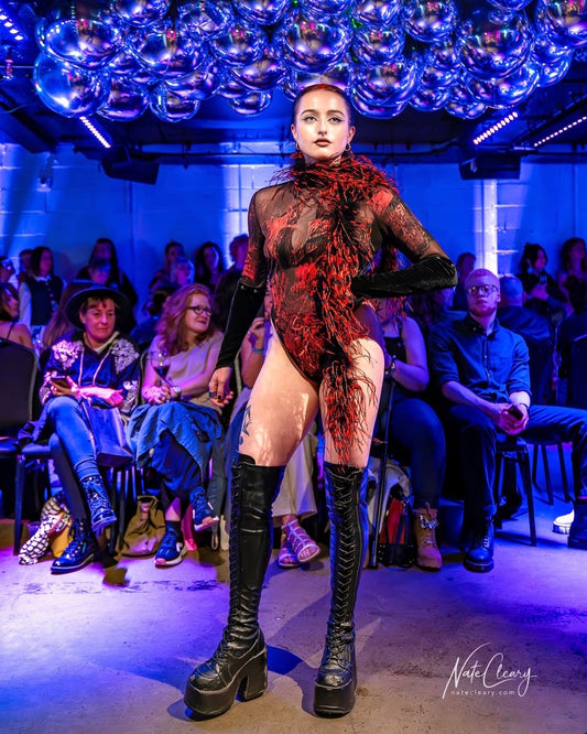 ‘HOLLYWOOD BABYLON’ hand painted high cut bodysuit with insert gloves