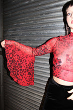 Load image into Gallery viewer, DEVIL RED MESH LEOPARD PRINT CROP TOP WITH FLARE SLEEVES
