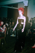 Load image into Gallery viewer, ‘OMEN’ black pvc cut out flared black jumpsuit
