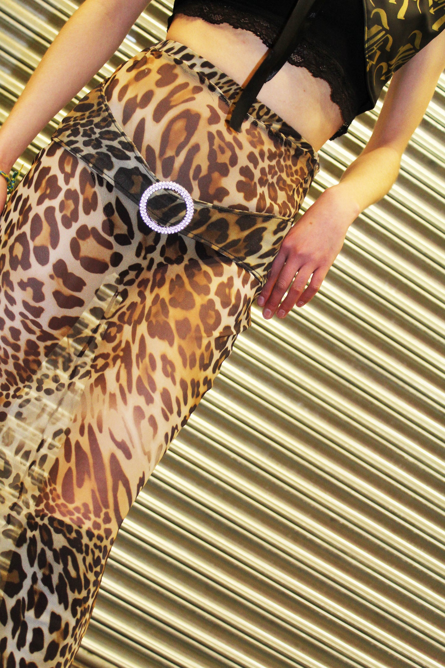 'Psychedelic Jungle' mesh leopard print maxi skirt with diamanté buckle
