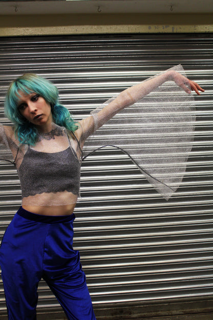 'Glitter Ball' silver fishnet crop top with large bell sleeves