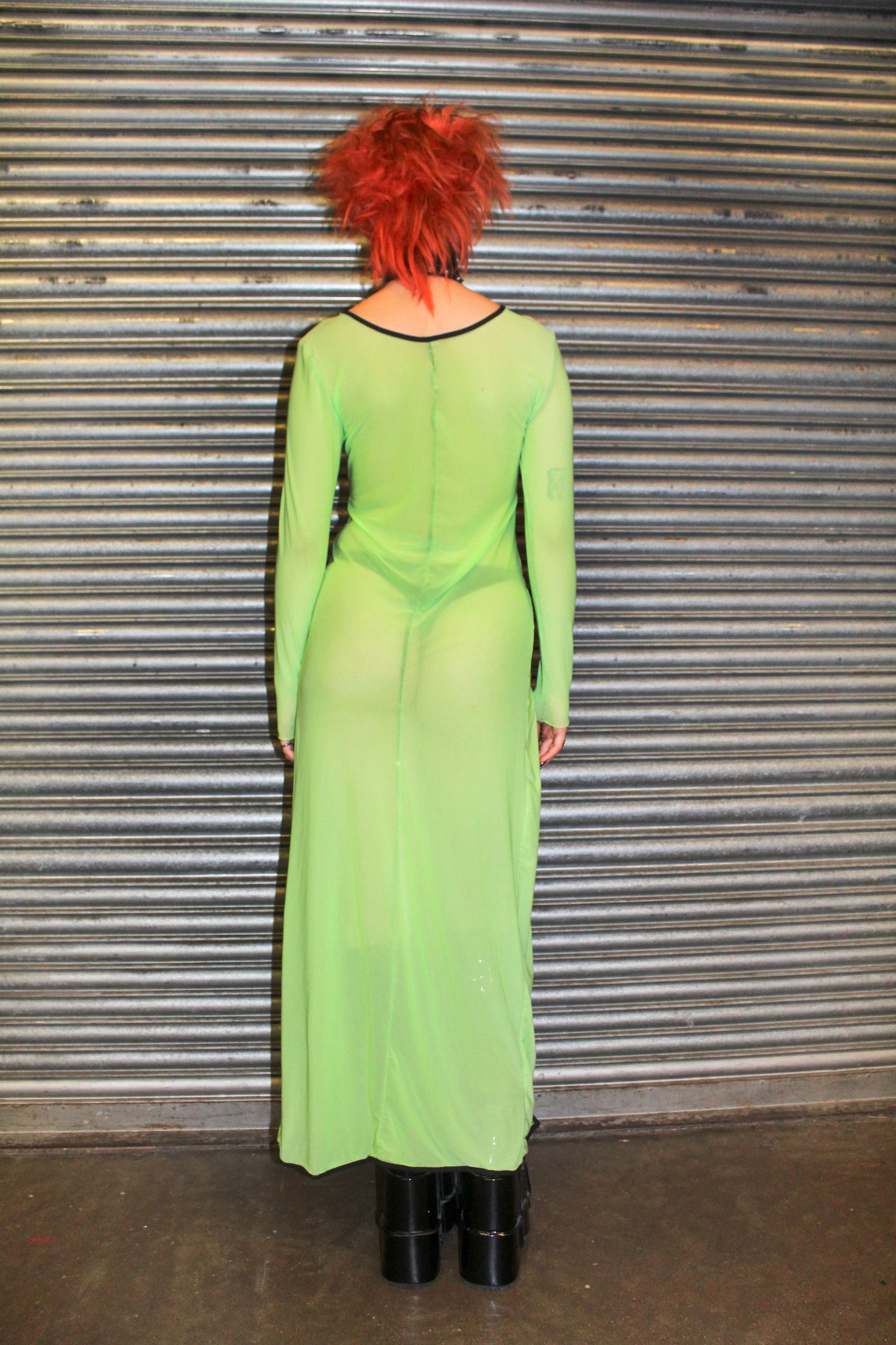 ‘FIEND’ NEON GREEN MESH MAXI DRESS WITH SPLIT SIDES