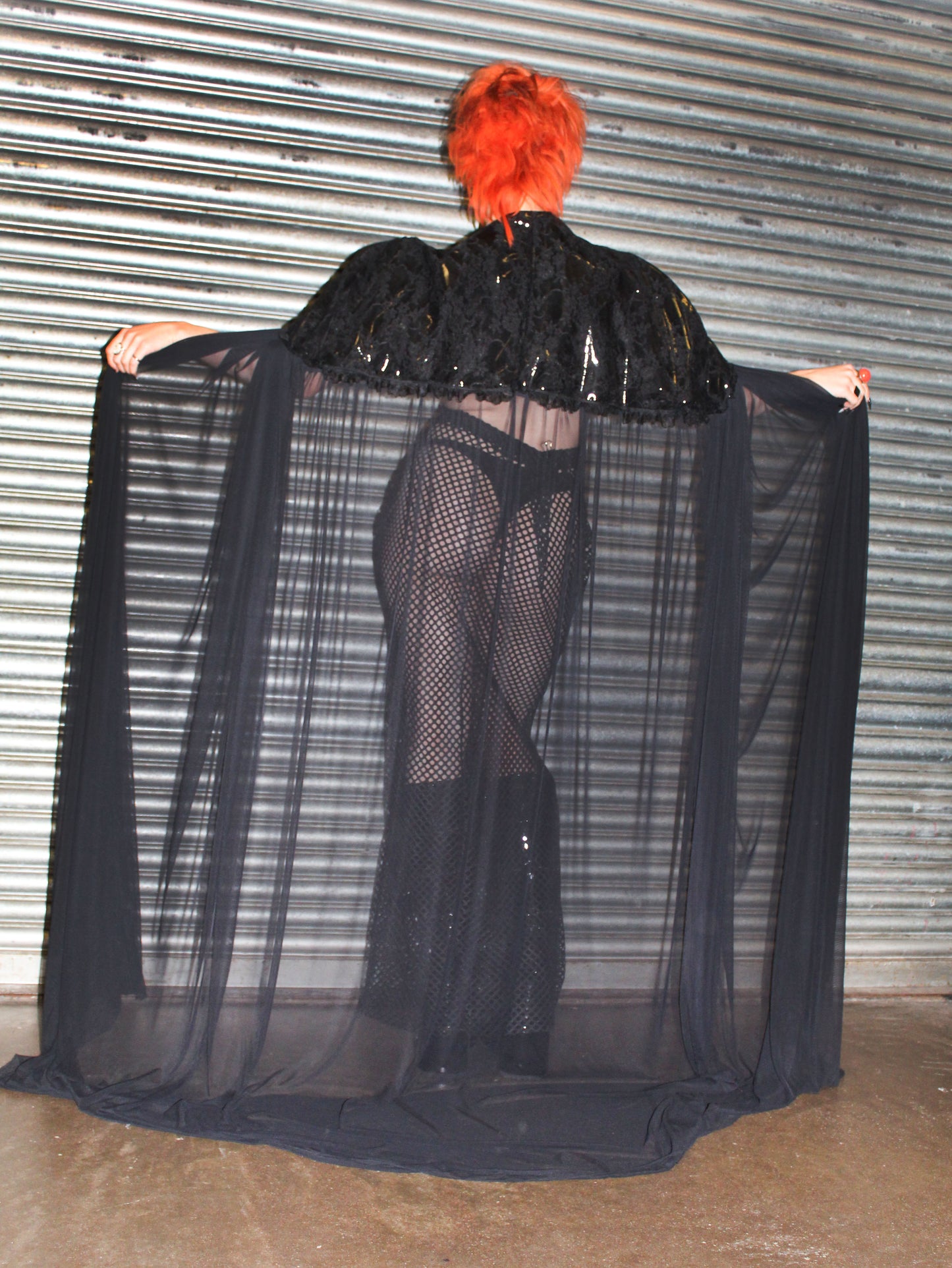 ‘DARKNESS’ MESH CAPE WITH LACE & PVC DETAIL