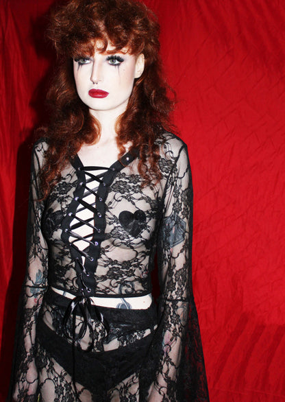 'FORBIDDEN' BLACK MESH LACE UP TOP WITH FLARED SLEEVES