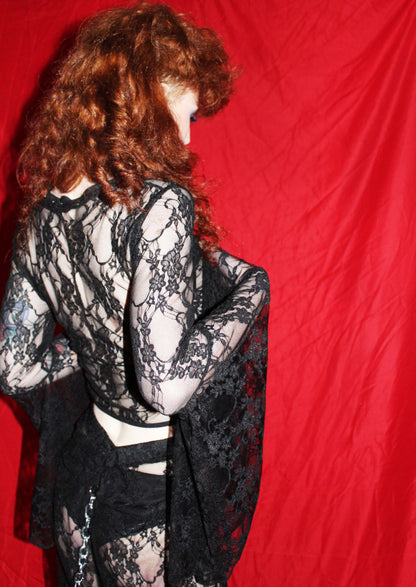 'FORBIDDEN' BLACK MESH LACE UP TOP WITH FLARED SLEEVES