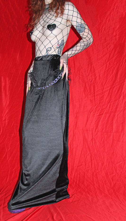 'BROODING' BLACK VELVET MAXI SKIRT WITH LACE FRILL AND CHAIN DETAIL